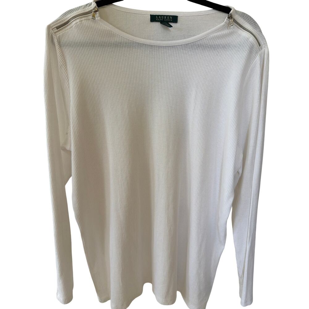 Lauren Ralph Lauren Long Sleeve White Shirt Women's Size 2XL Ribbed Zippers